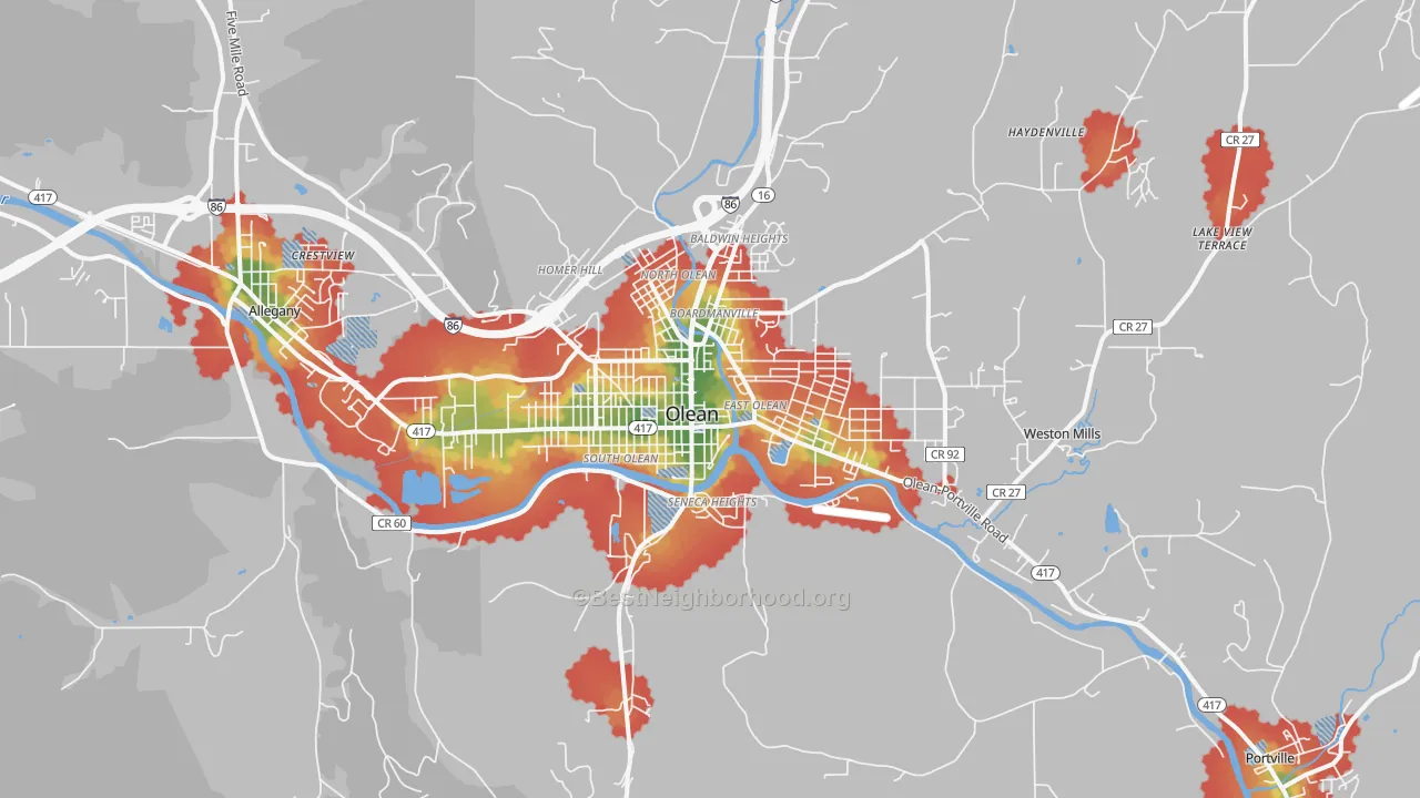 Walk Grade map of 14760, NY, walkable areas in green and car-dependent areas in red