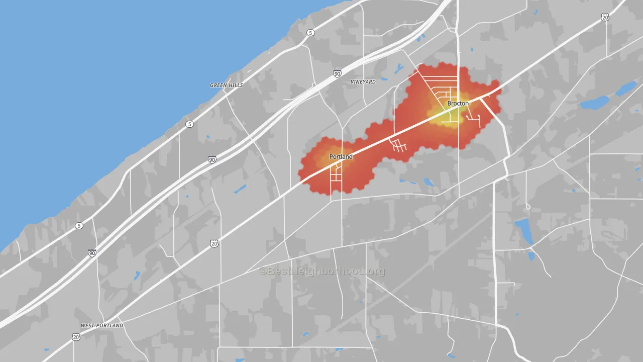 Walk Grade map of 14769, NY, walkable areas in green and car-dependent areas in red