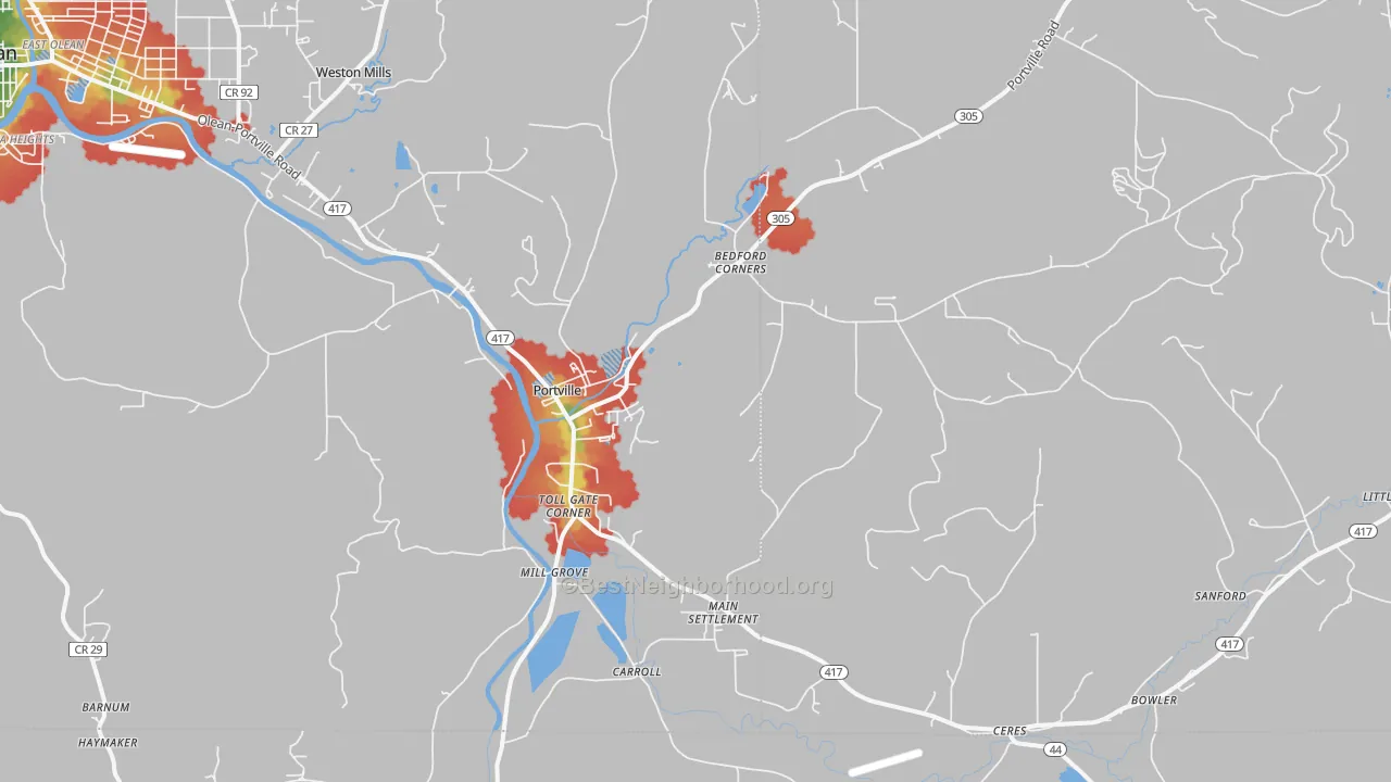 Walk Grade map of 14770, NY, walkable areas in green and car-dependent areas in red