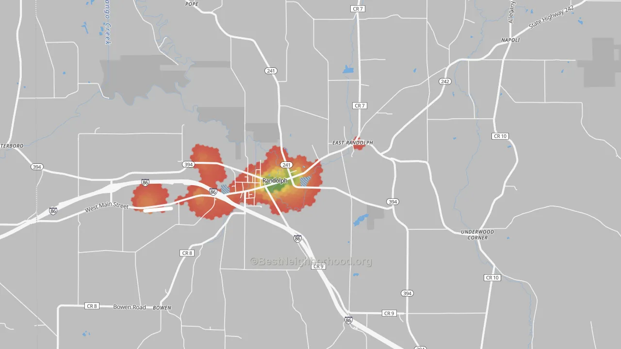 Walk Grade map of 14772, NY, walkable areas in green and car-dependent areas in red