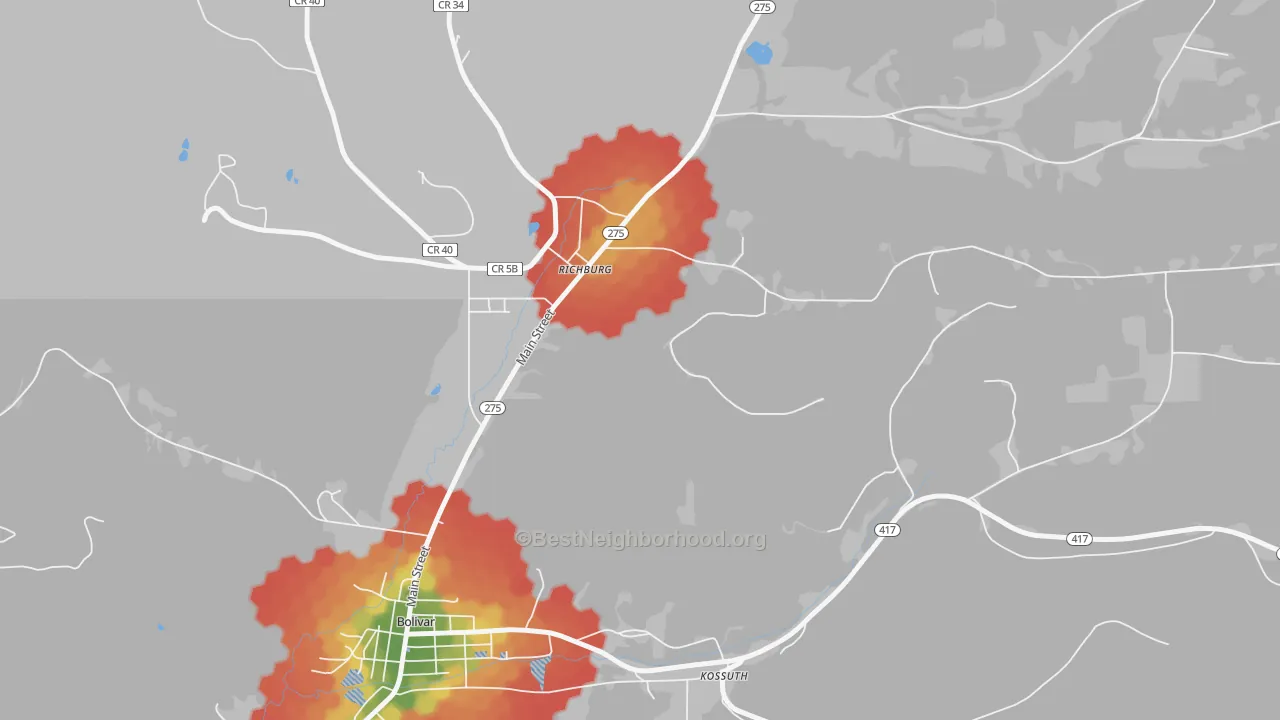 Walk Grade map of 14774, NY, walkable areas in green and car-dependent areas in red