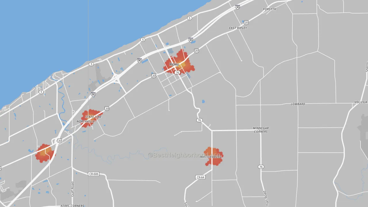 Walk Grade map of 14775, NY, walkable areas in green and car-dependent areas in red