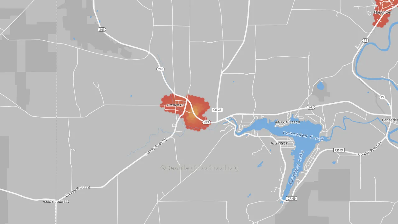 Walk Grade map of 14777, NY, walkable areas in green and car-dependent areas in red
