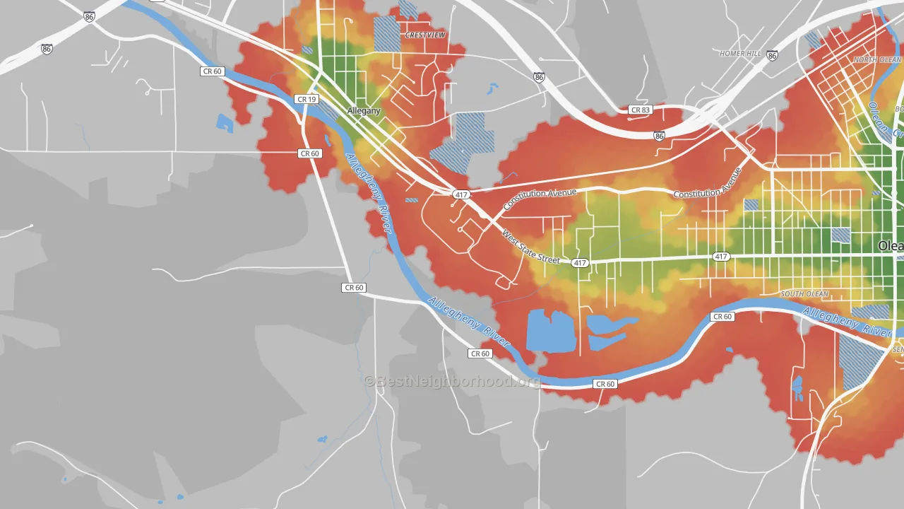 Walk Grade map of 14778, NY, walkable areas in green and car-dependent areas in red