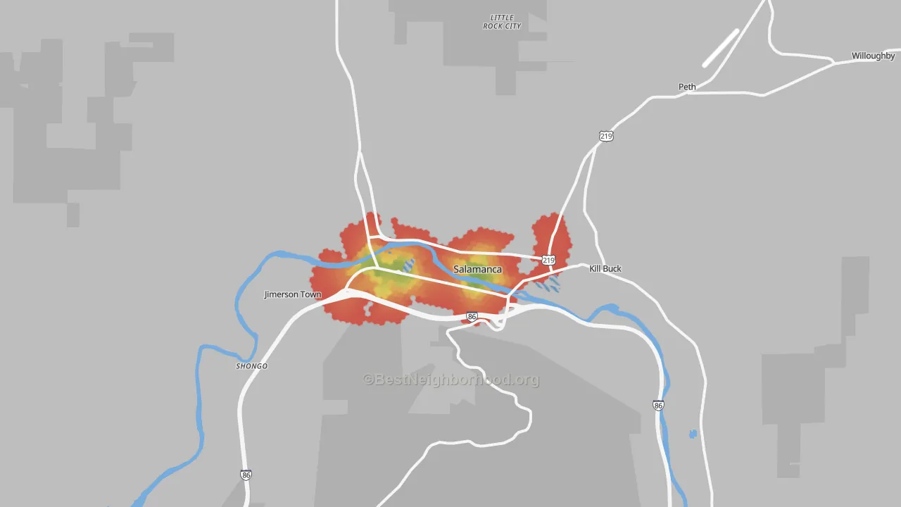 Walk Grade map of 14779, NY, walkable areas in green and car-dependent areas in red