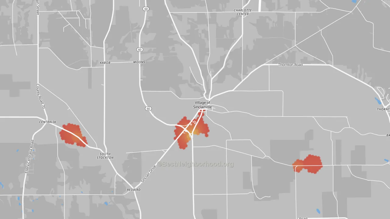 Walk Grade map of 14782, NY, walkable areas in green and car-dependent areas in red