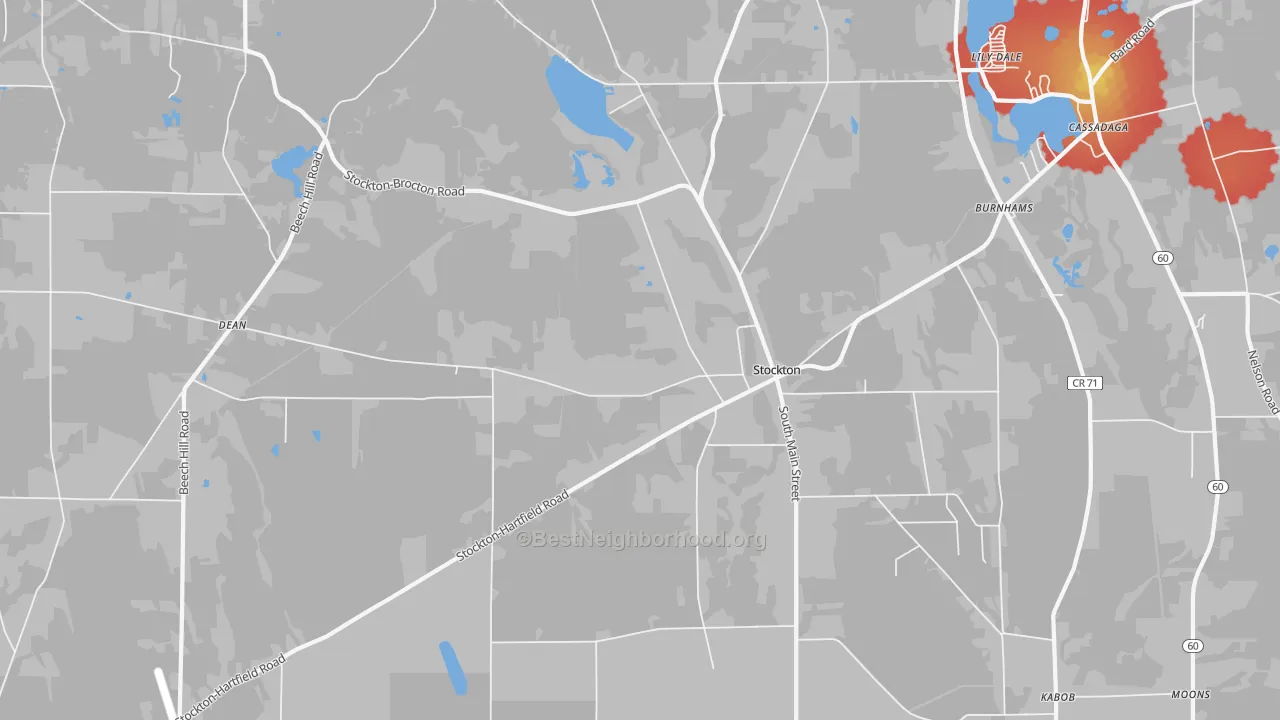 Walk Grade map of 14784, NY, walkable areas in green and car-dependent areas in red