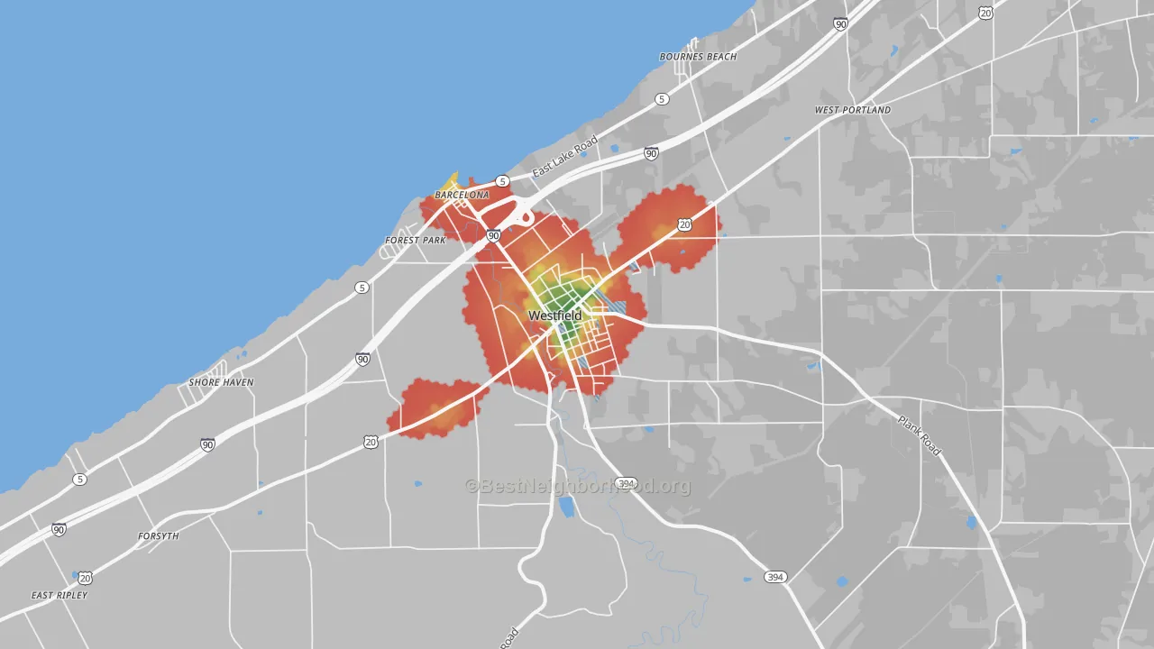 Walk Grade map of 14787, NY, walkable areas in green and car-dependent areas in red