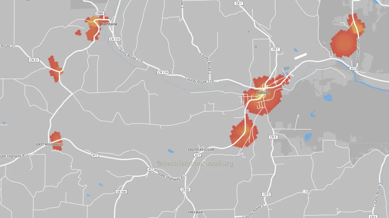 Walk Grade map of 14801, NY, walkable areas in green and car-dependent areas in red
