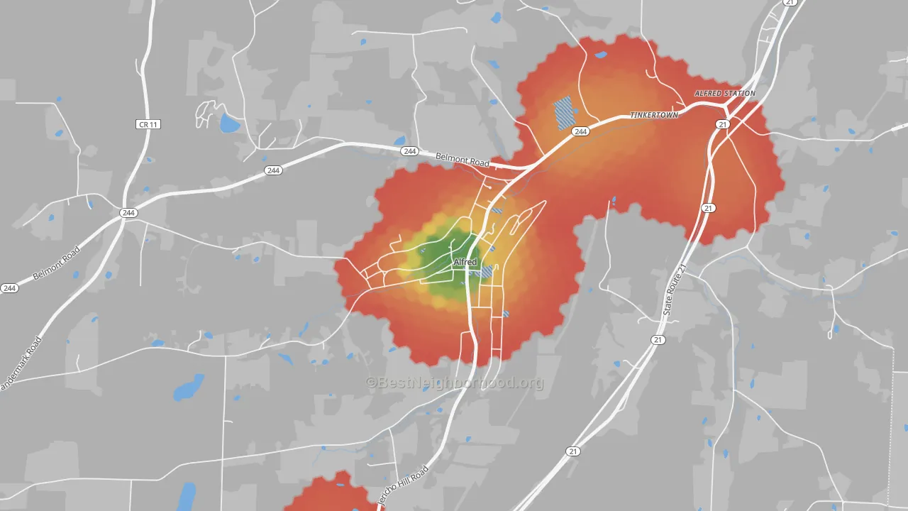 Walk Grade map of 14802, NY, walkable areas in green and car-dependent areas in red