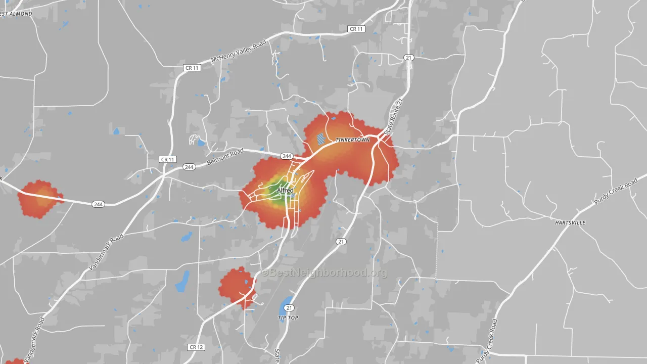 Walk Grade map of 14803, NY, walkable areas in green and car-dependent areas in red