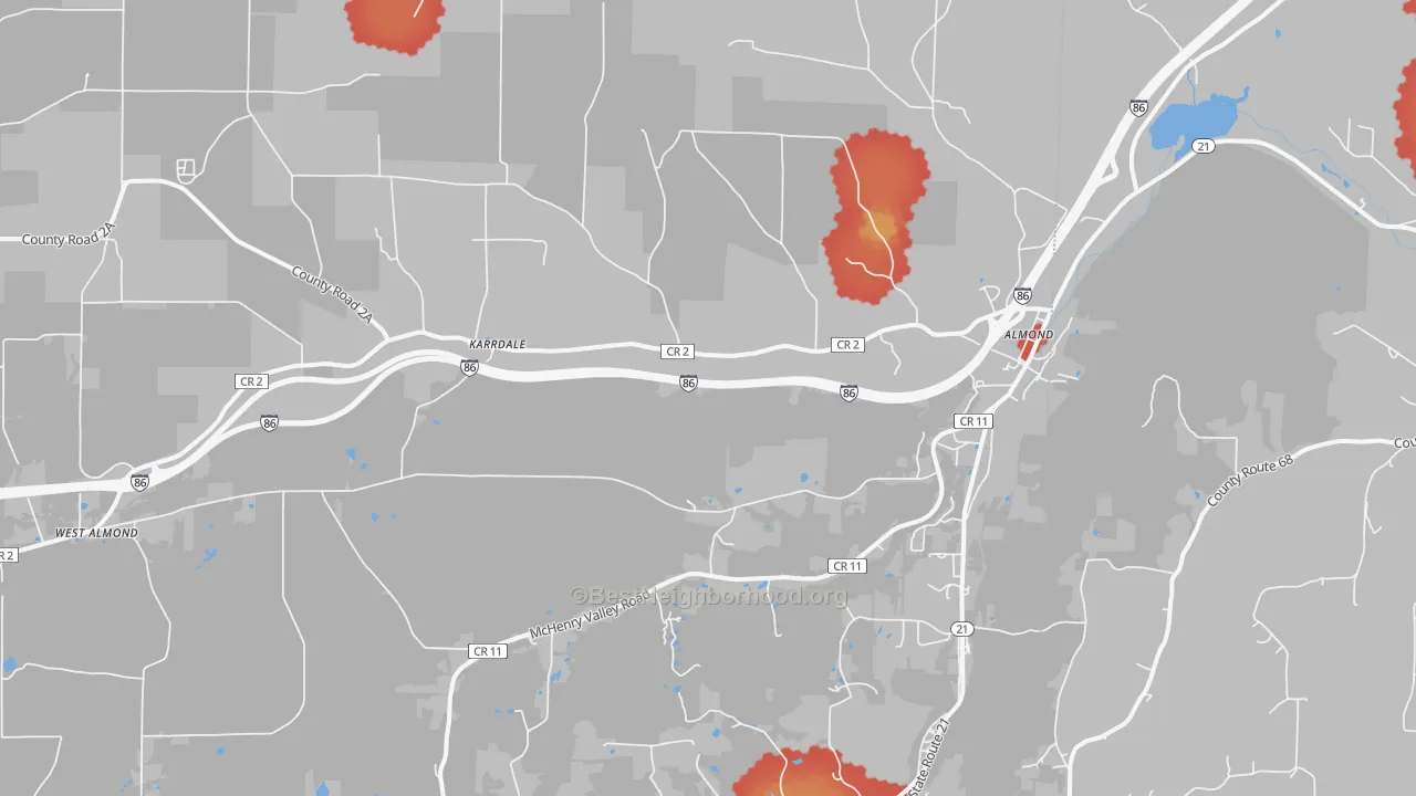 Walk Grade map of 14804, NY, walkable areas in green and car-dependent areas in red