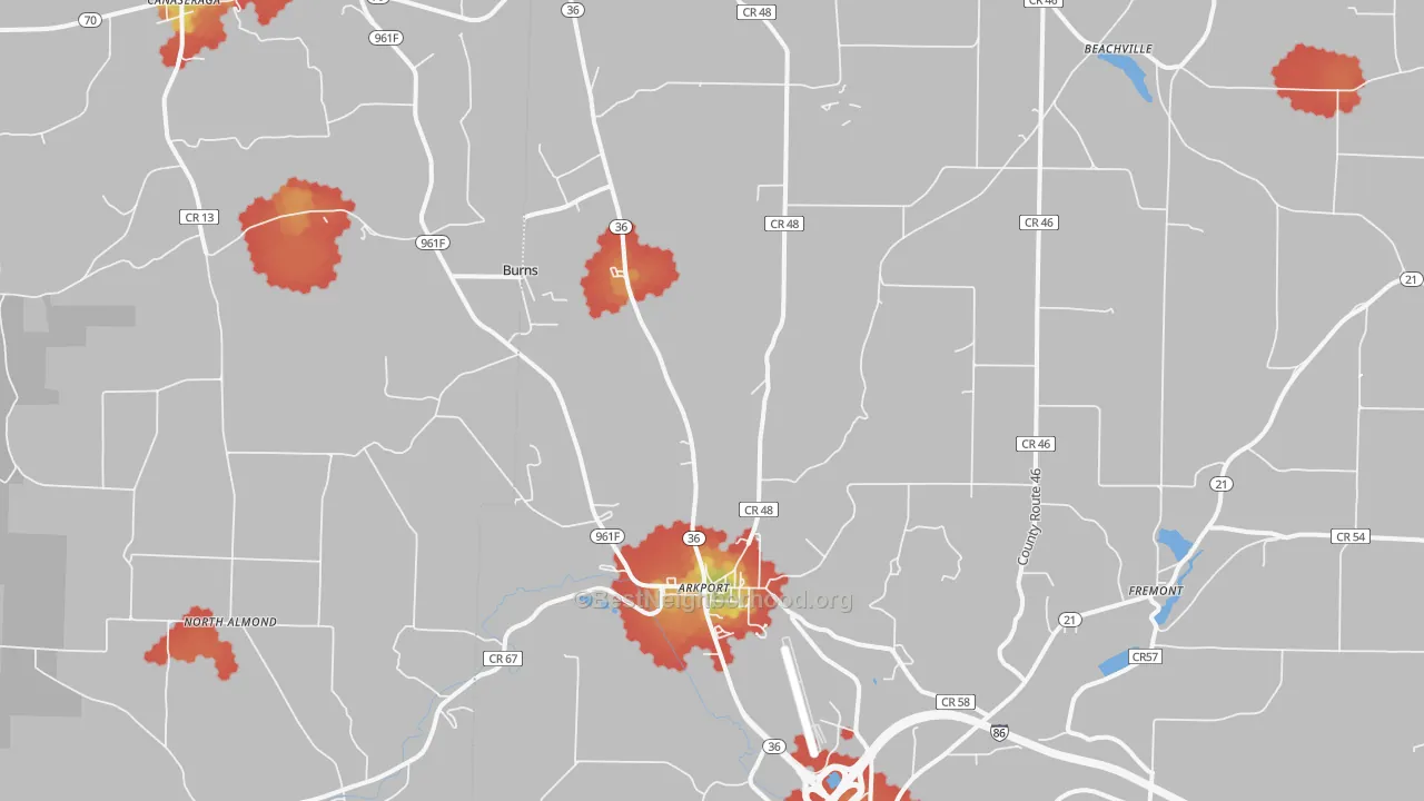 Walk Grade map of 14807, NY, walkable areas in green and car-dependent areas in red