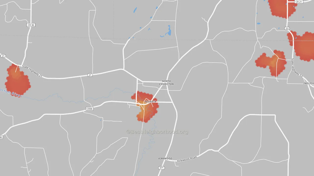 Walk Grade map of 14808, NY, walkable areas in green and car-dependent areas in red