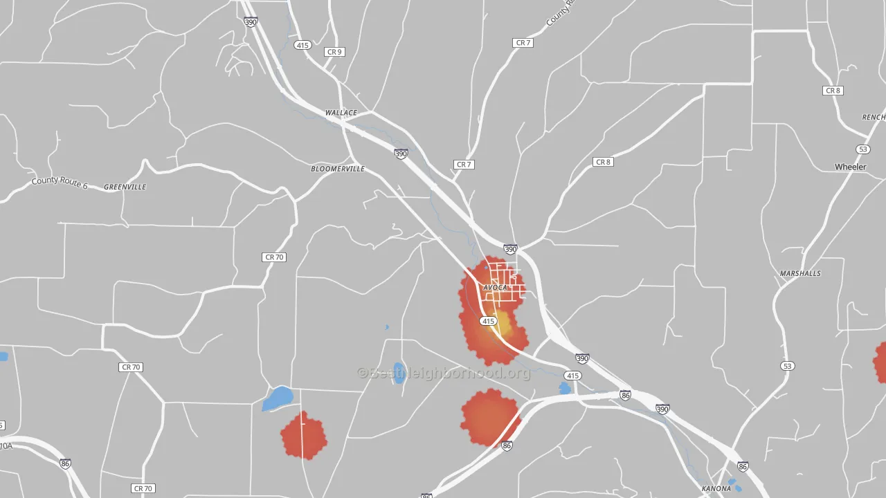 Walk Grade map of 14809, NY, walkable areas in green and car-dependent areas in red