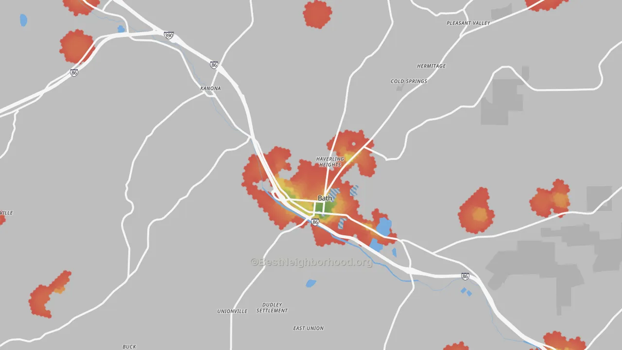 Walk Grade map of 14810, NY, walkable areas in green and car-dependent areas in red