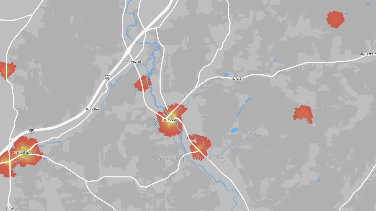 Walk Grade map of 14813, NY, walkable areas in green and car-dependent areas in red