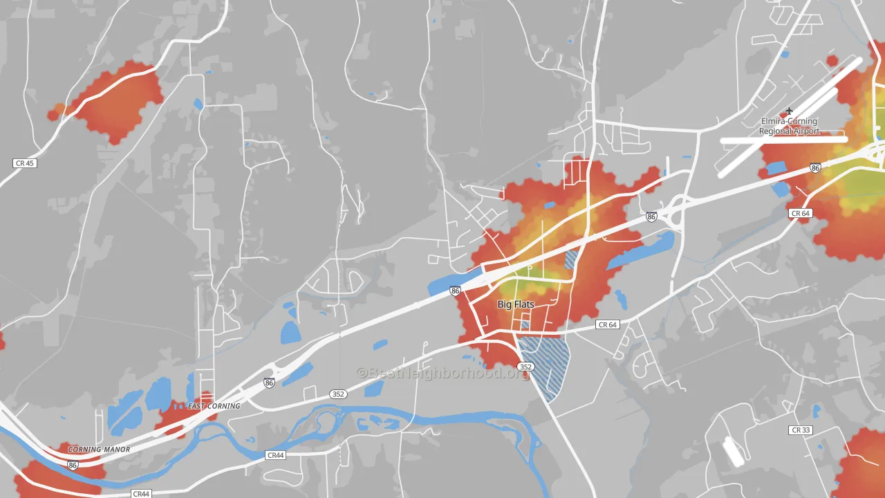 Walk Grade map of 14814, NY, walkable areas in green and car-dependent areas in red