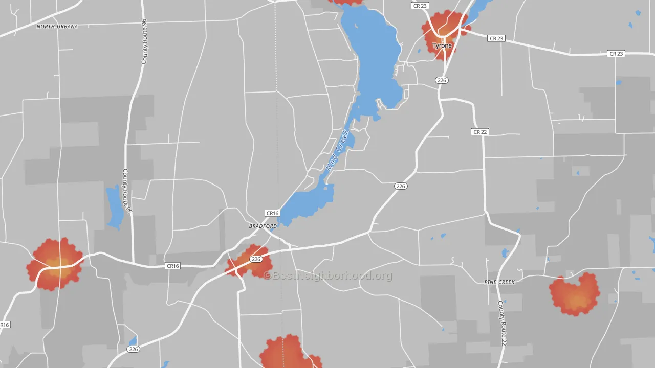 Walk Grade map of 14815, NY, walkable areas in green and car-dependent areas in red