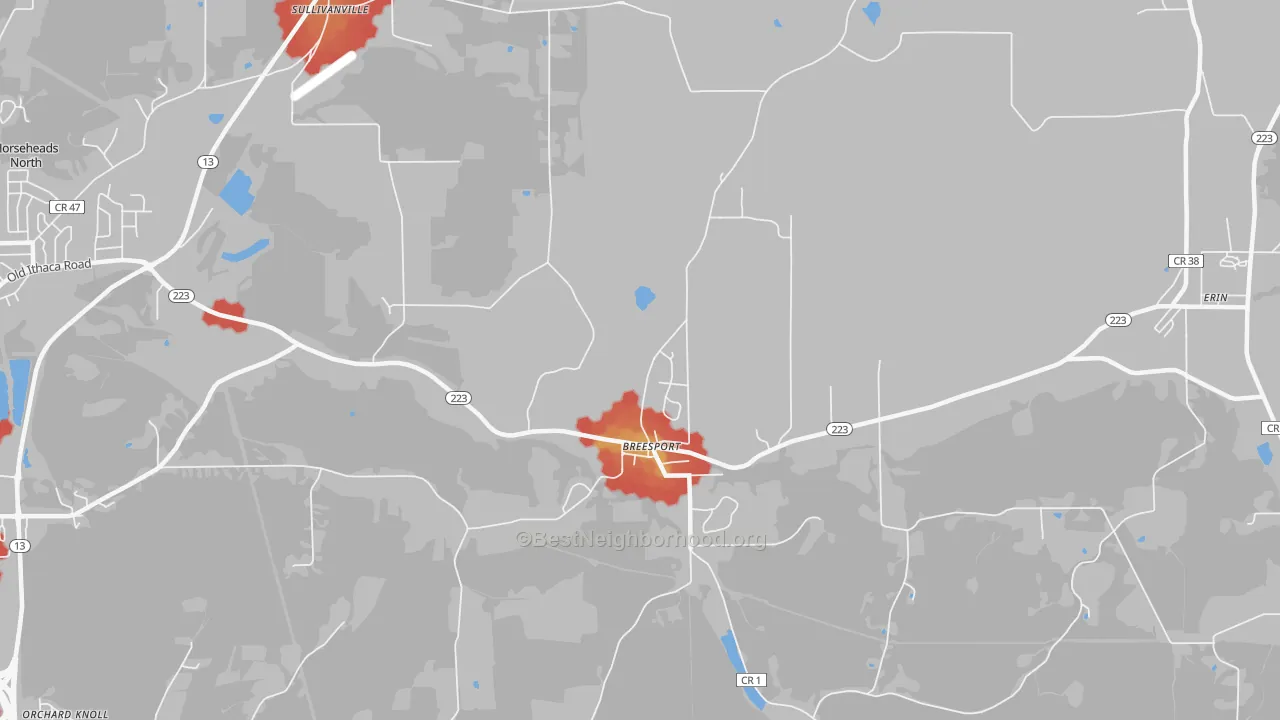 Walk Grade map of 14816, NY, walkable areas in green and car-dependent areas in red