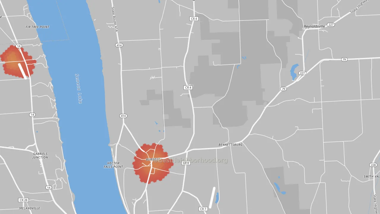Walk Grade map of 14818, NY, walkable areas in green and car-dependent areas in red