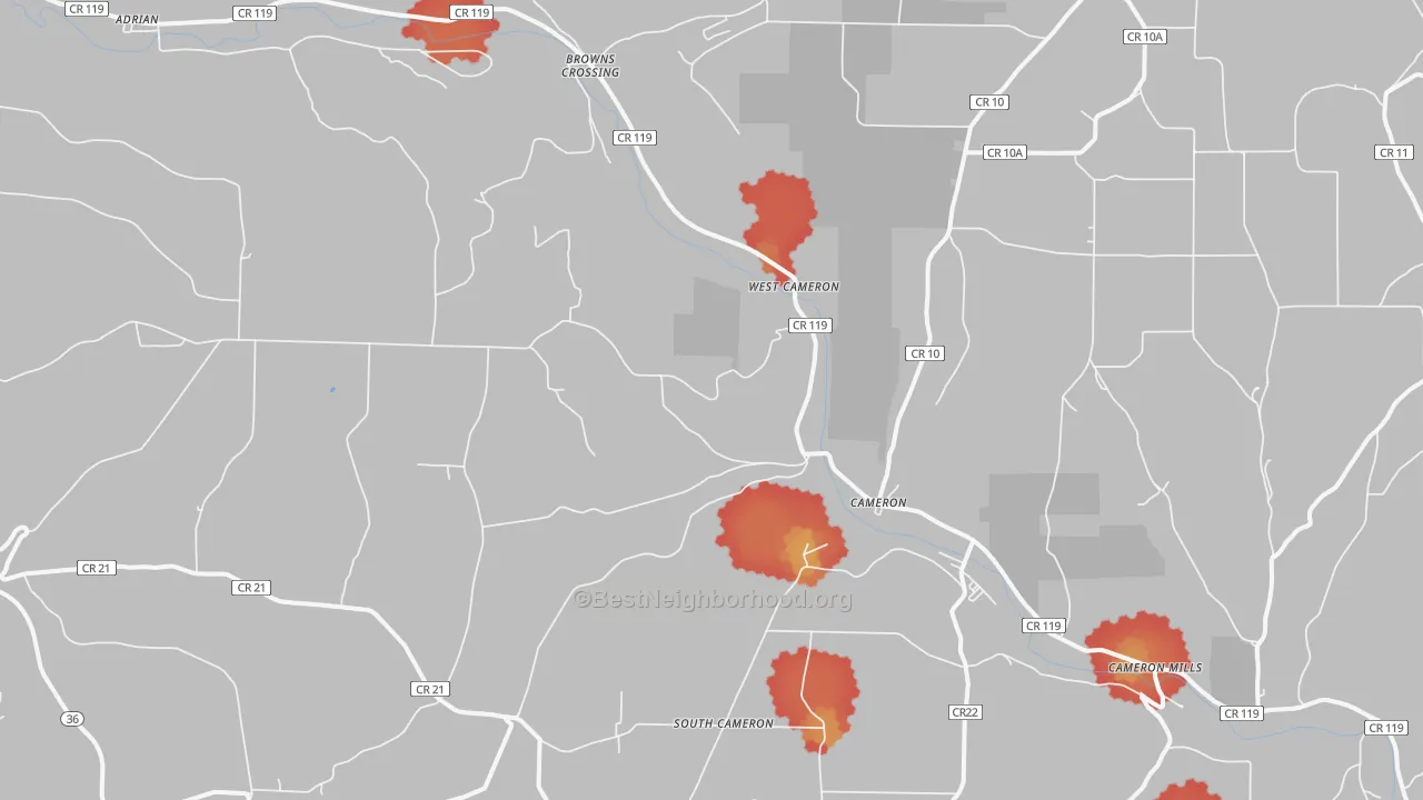 Walk Grade map of 14819, NY, walkable areas in green and car-dependent areas in red