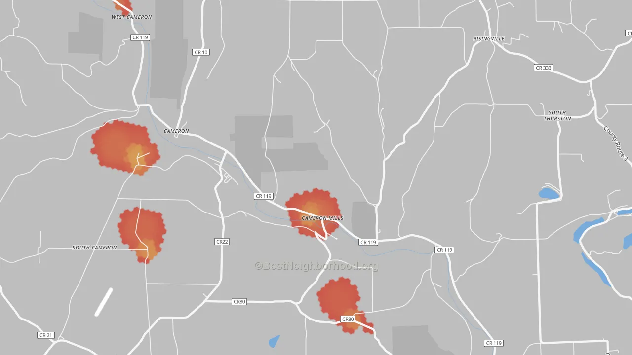 Walk Grade map of 14820, NY, walkable areas in green and car-dependent areas in red