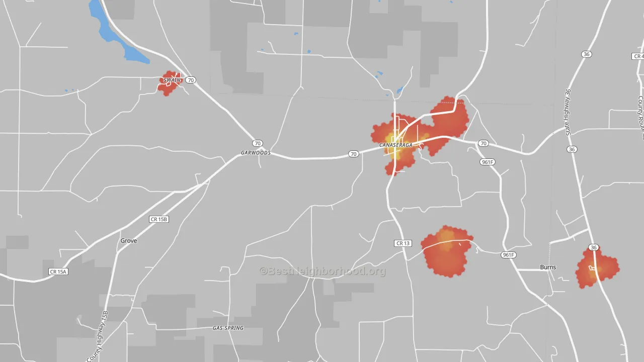 Walk Grade map of 14822, NY, walkable areas in green and car-dependent areas in red