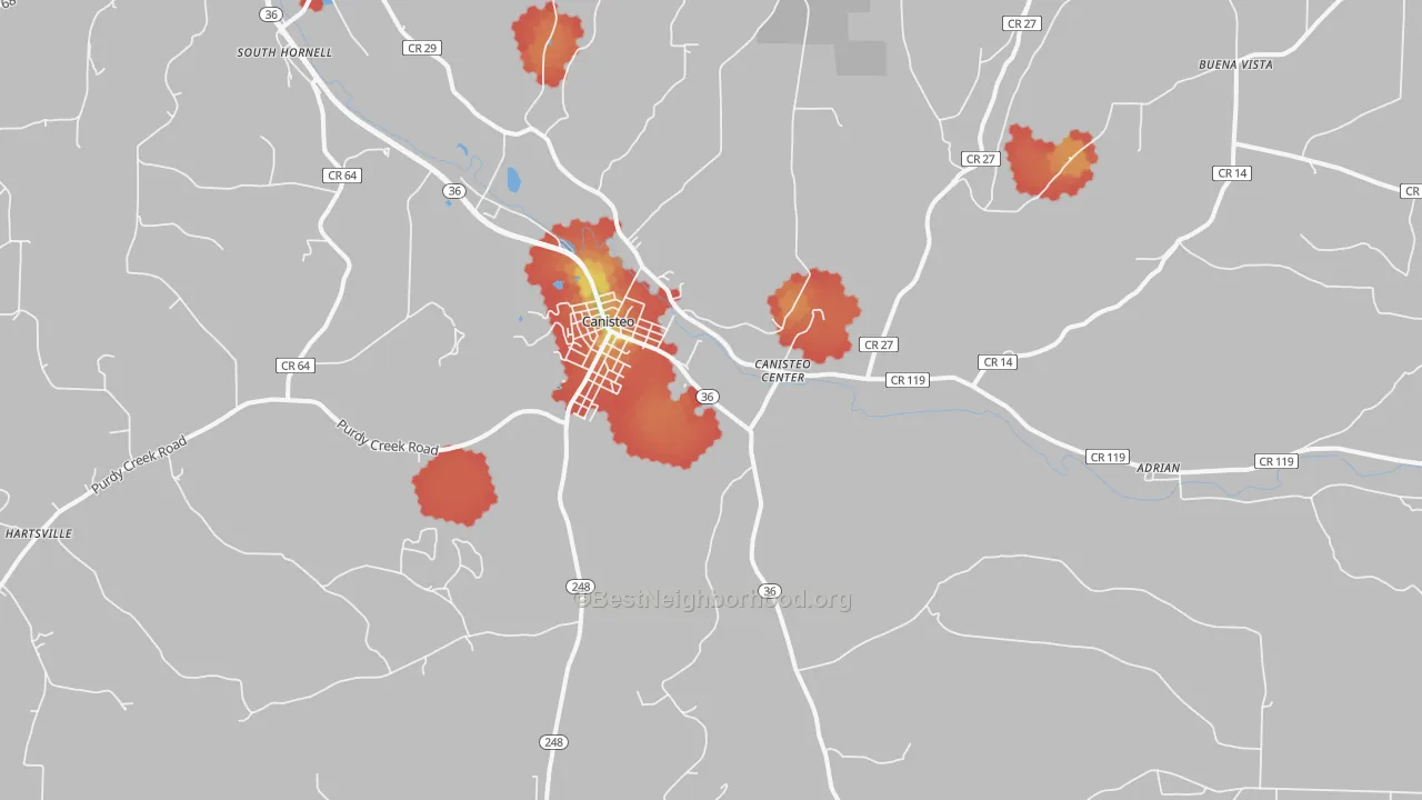 Walk Grade map of 14823, NY, walkable areas in green and car-dependent areas in red