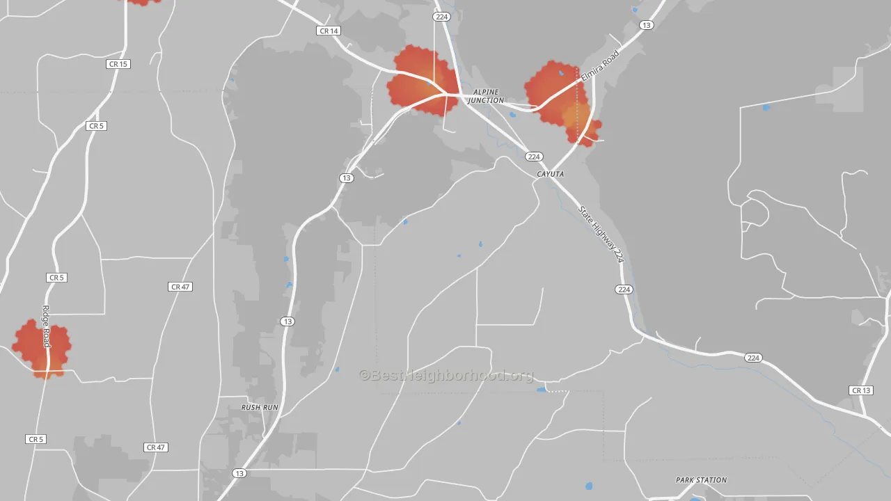 Walk Grade map of 14824, NY, walkable areas in green and car-dependent areas in red