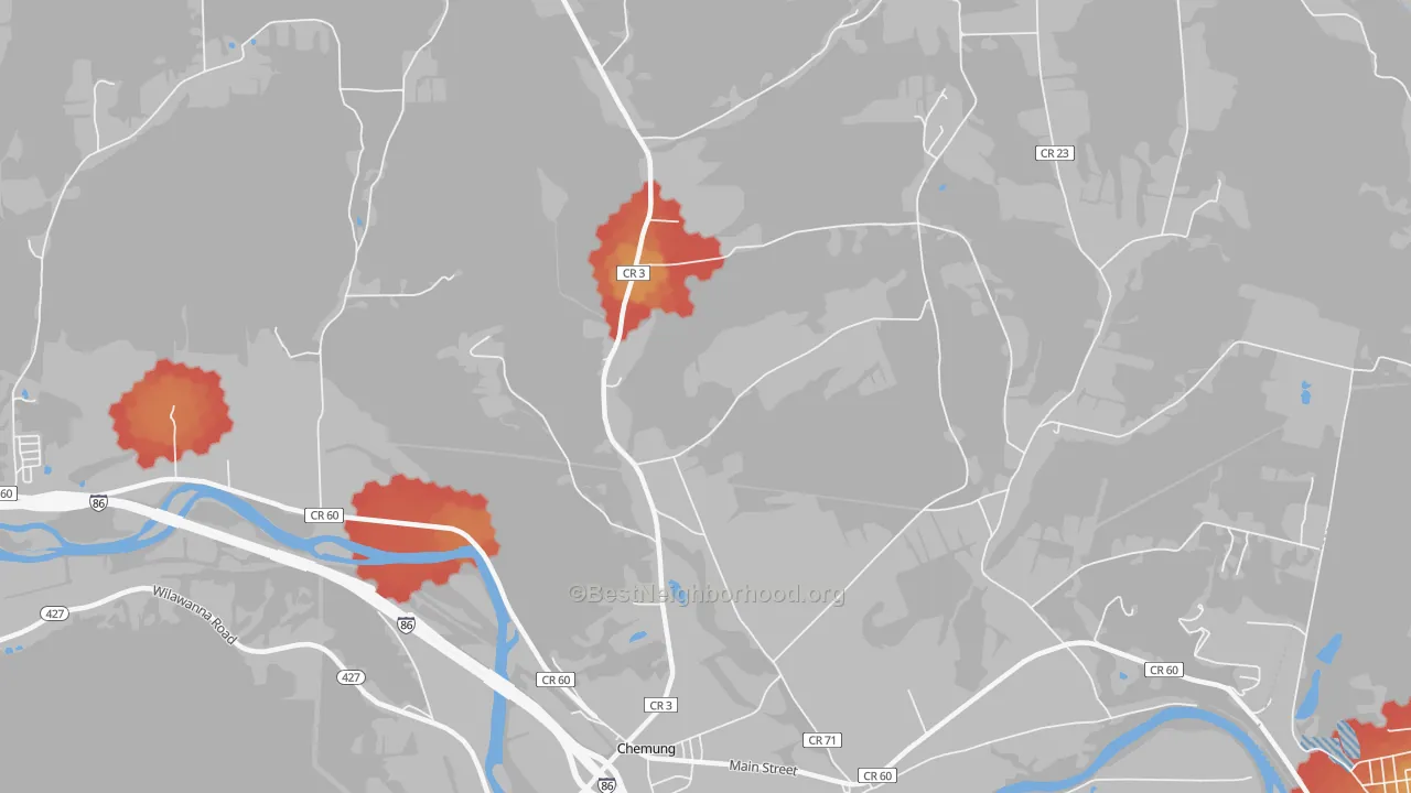 Walk Grade map of 14825, NY, walkable areas in green and car-dependent areas in red