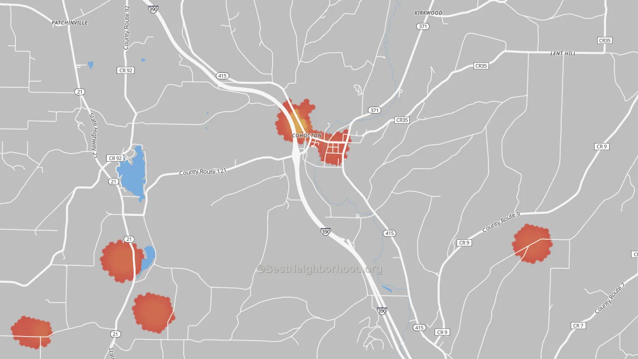 Walk Grade map of 14826, NY, walkable areas in green and car-dependent areas in red