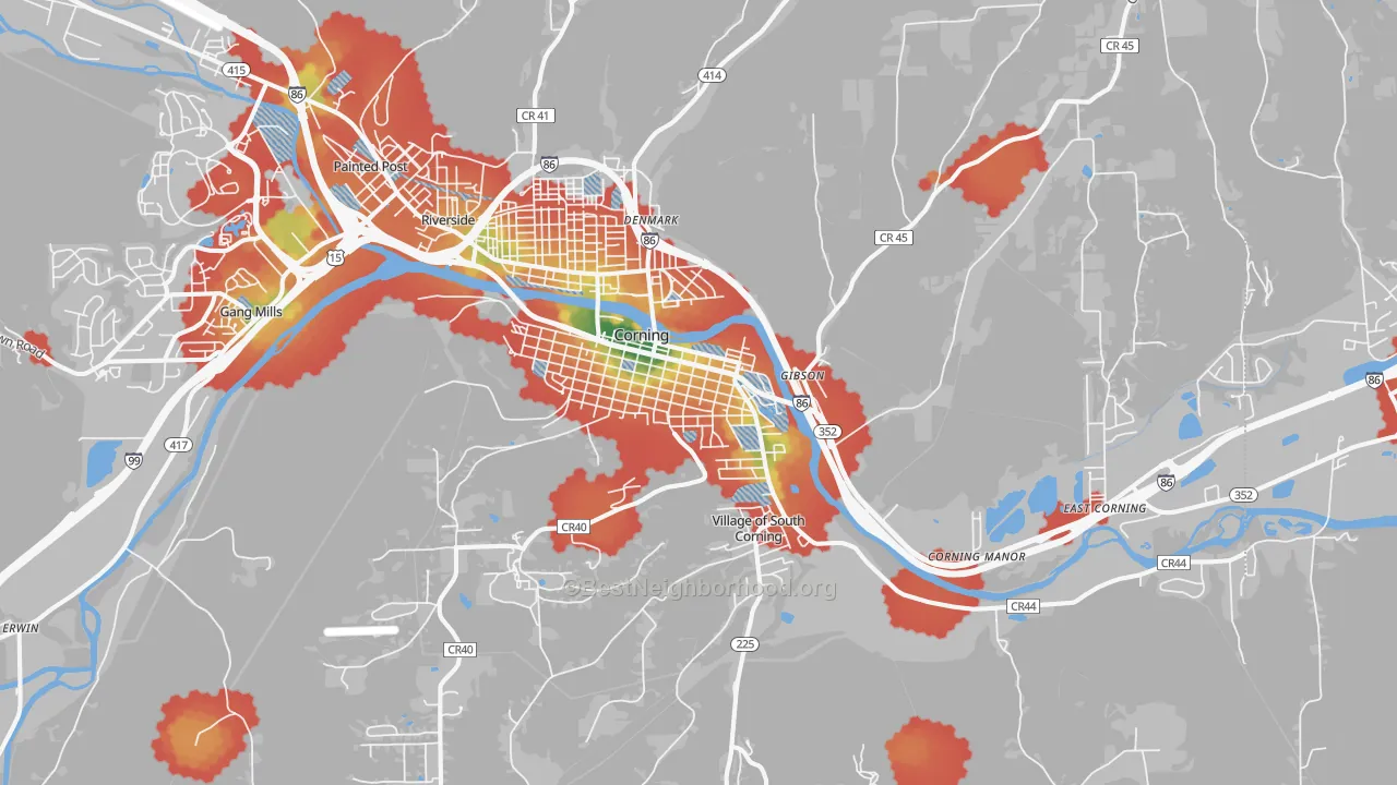 Walk Grade map of 14830, NY, walkable areas in green and car-dependent areas in red