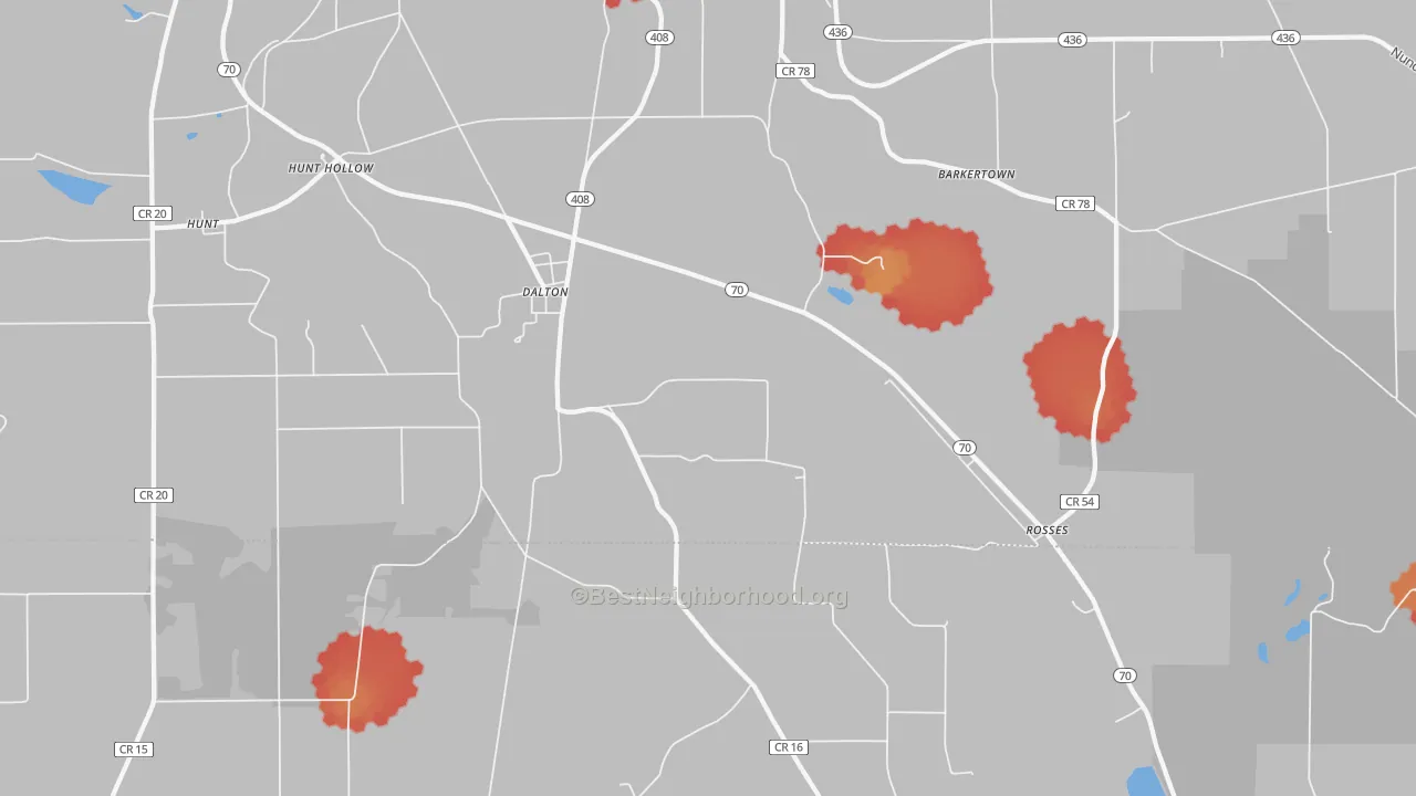 Walk Grade map of 14836, NY, walkable areas in green and car-dependent areas in red