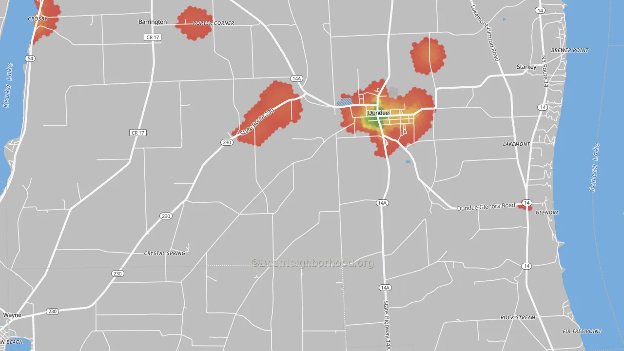 Walk Grade map of 14837, NY, walkable areas in green and car-dependent areas in red