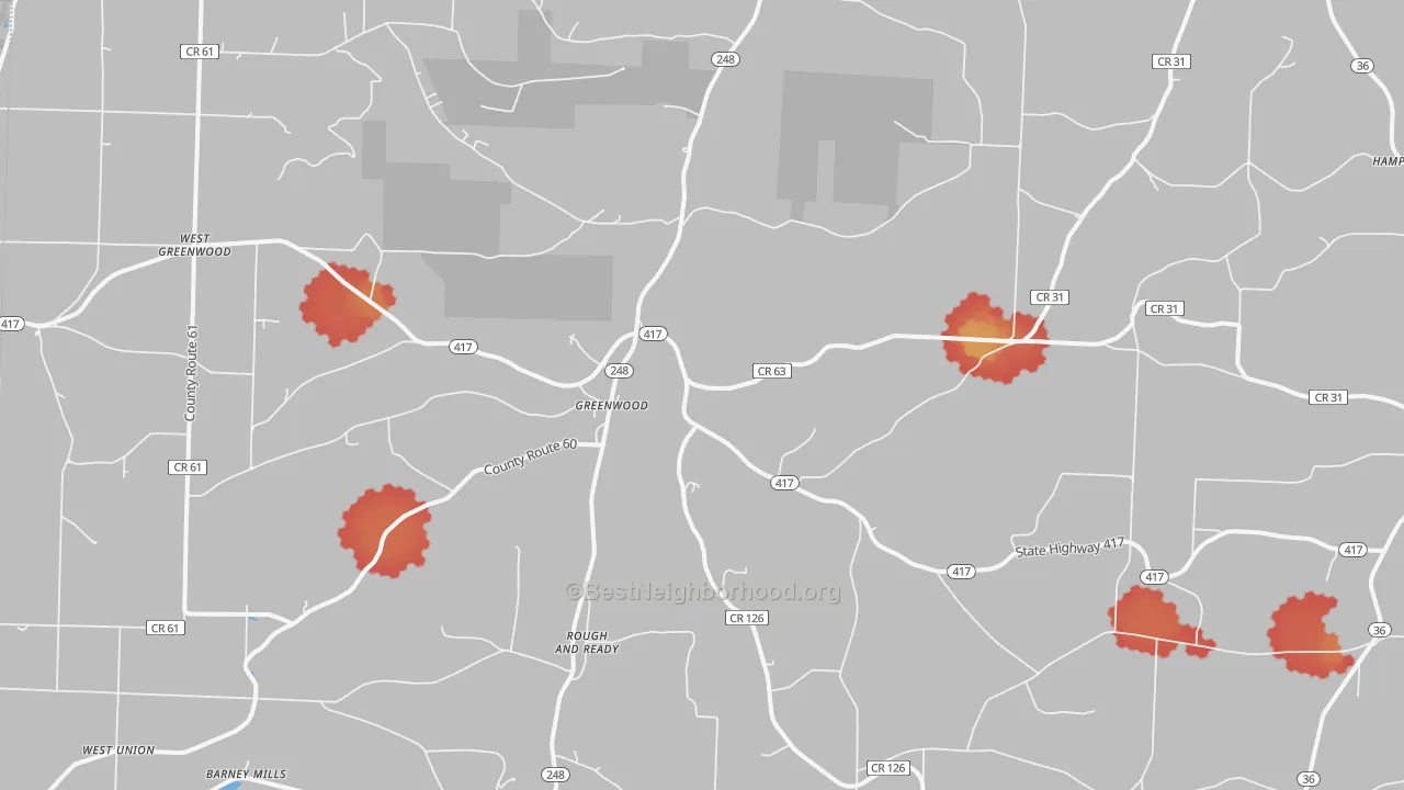 Walk Grade map of 14839, NY, walkable areas in green and car-dependent areas in red