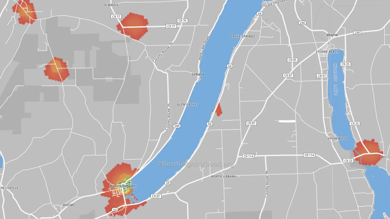 Walk Grade map of 14840, NY, walkable areas in green and car-dependent areas in red
