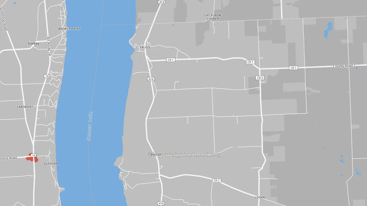 Walk Grade map of 14841, NY, walkable areas in green and car-dependent areas in red
