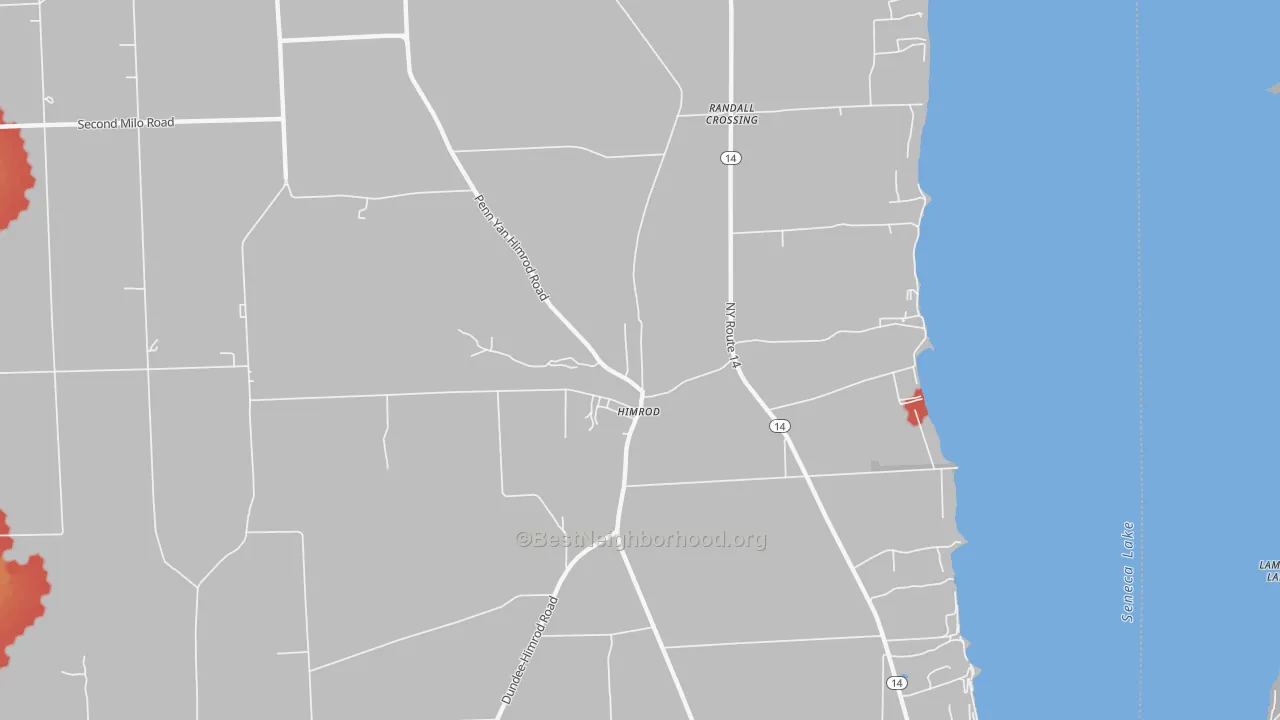 Walk Grade map of 14842, NY, walkable areas in green and car-dependent areas in red