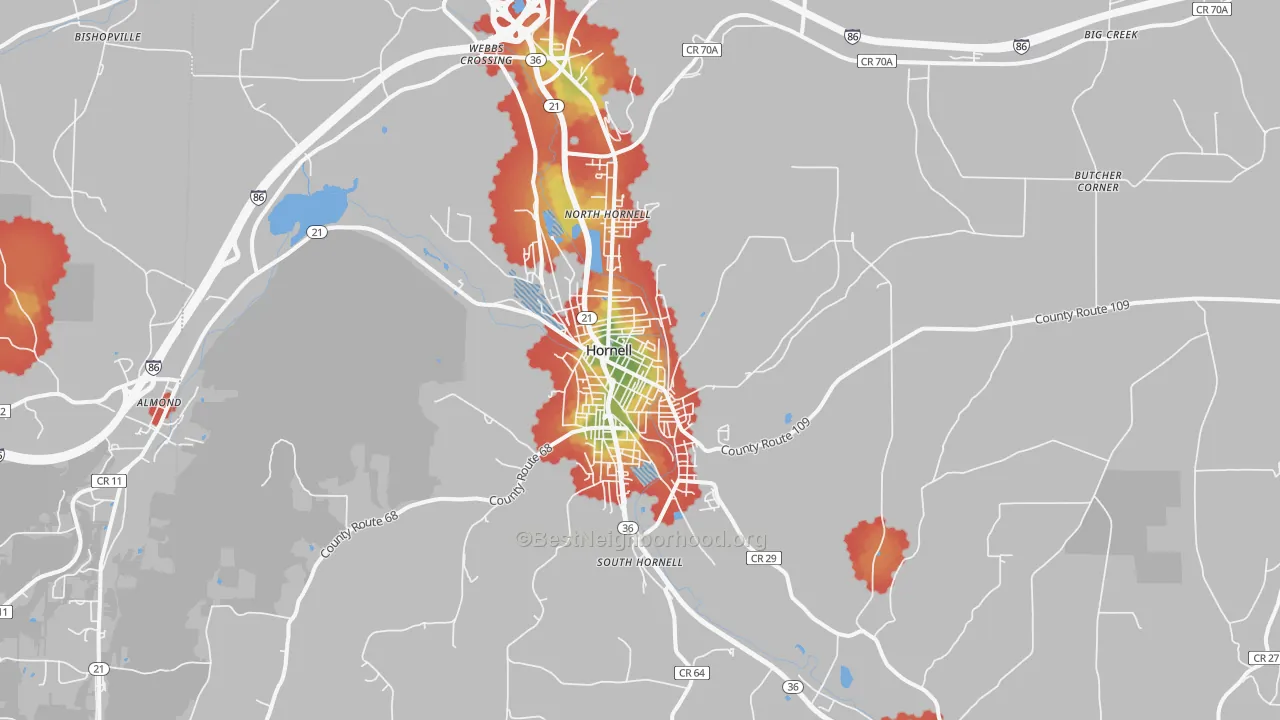 Walk Grade map of 14843, NY, walkable areas in green and car-dependent areas in red