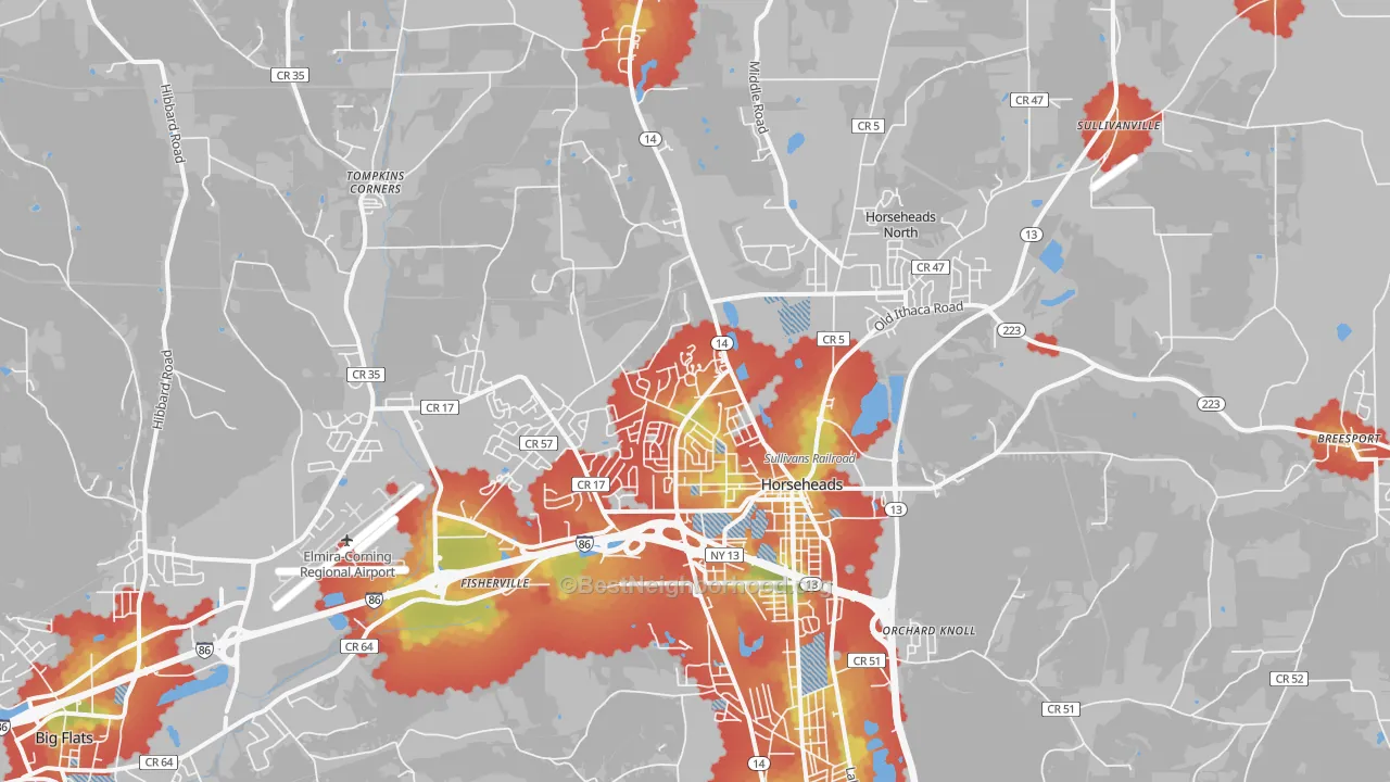 Walk Grade map of 14845, NY, walkable areas in green and car-dependent areas in red