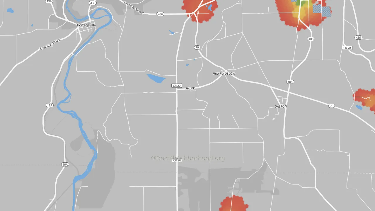 Walk Grade map of 14846, NY, walkable areas in green and car-dependent areas in red