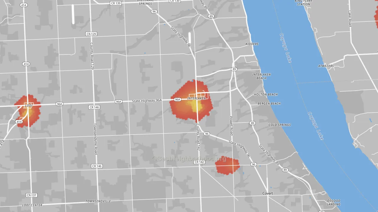 Walk Grade map of 14847, NY, walkable areas in green and car-dependent areas in red