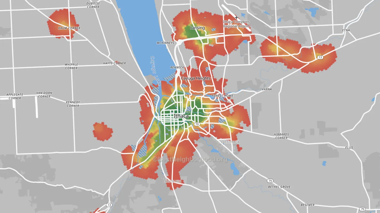 Walk Grade map of 14850, NY, walkable areas in green and car-dependent areas in red