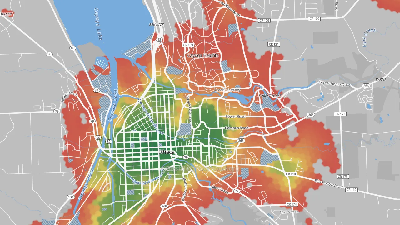 Walk Grade map of 14853, NY, walkable areas in green and car-dependent areas in red