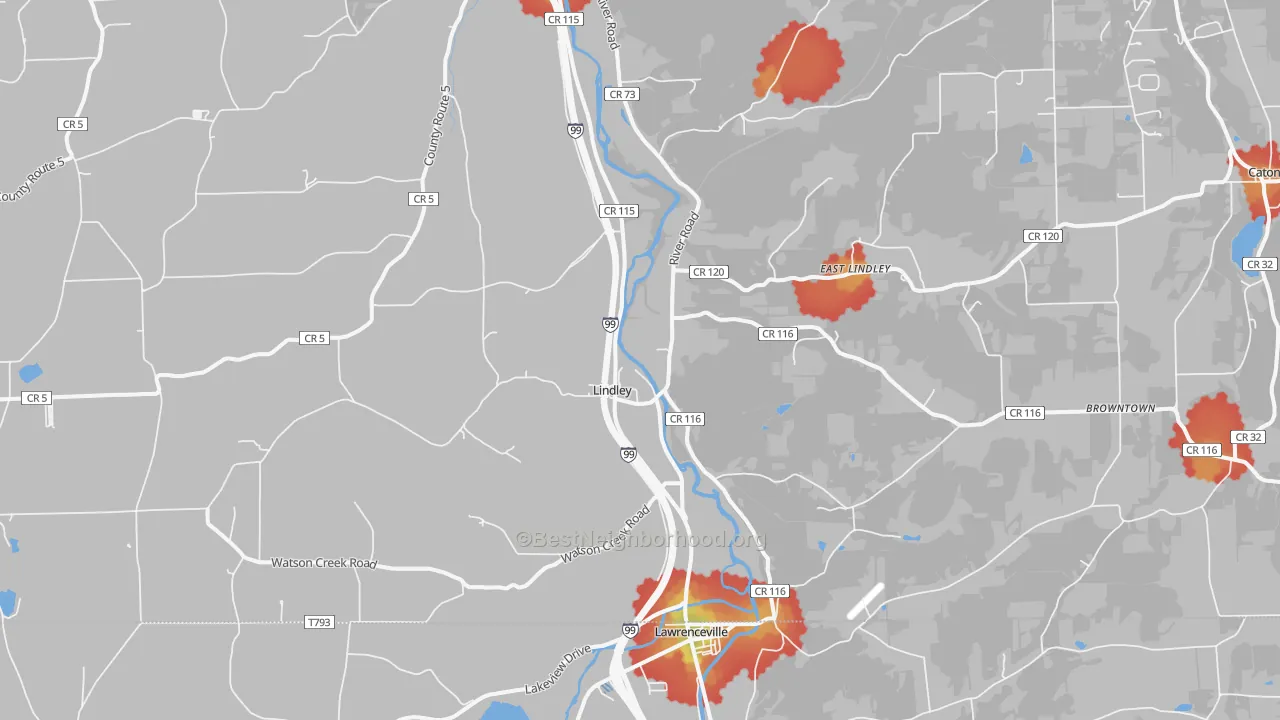 Walk Grade map of 14858, NY, walkable areas in green and car-dependent areas in red