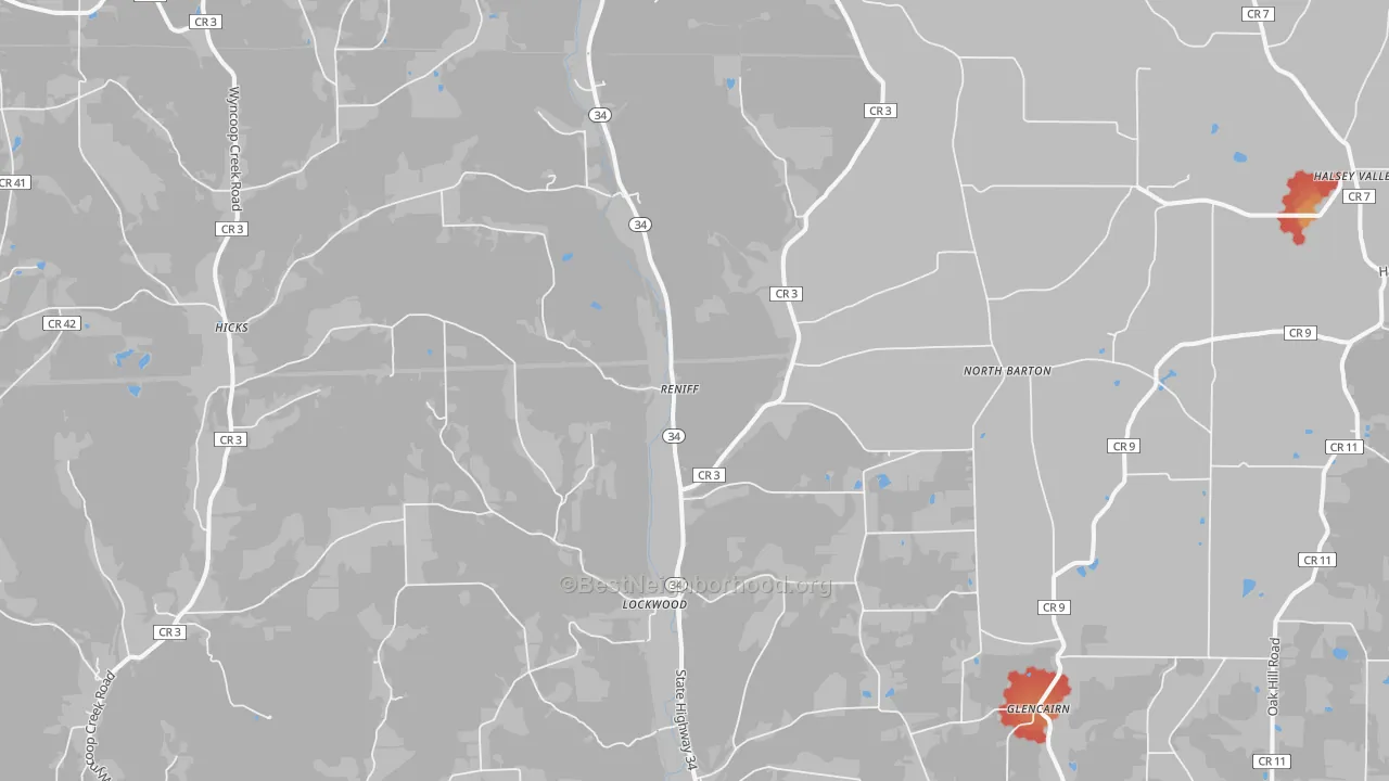 Walk Grade map of 14859, NY, walkable areas in green and car-dependent areas in red