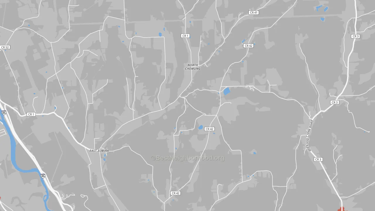 Walk Grade map of 14861, NY, walkable areas in green and car-dependent areas in red