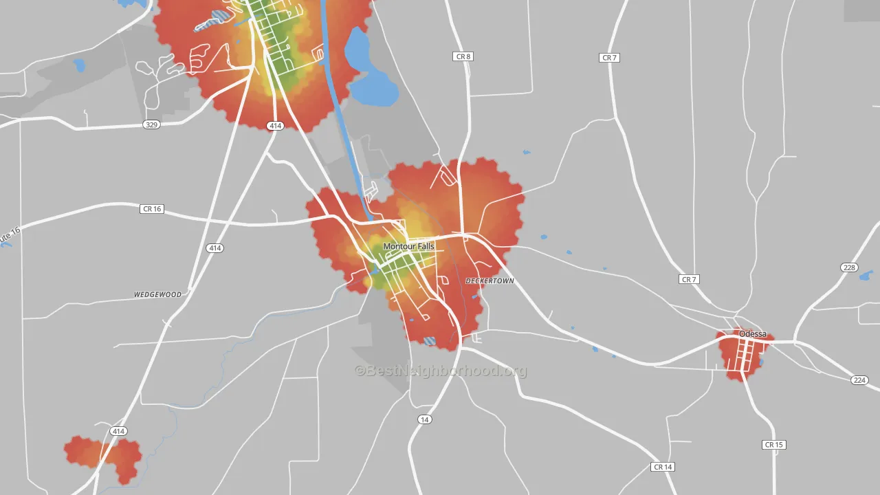 Walk Grade map of 14865, NY, walkable areas in green and car-dependent areas in red