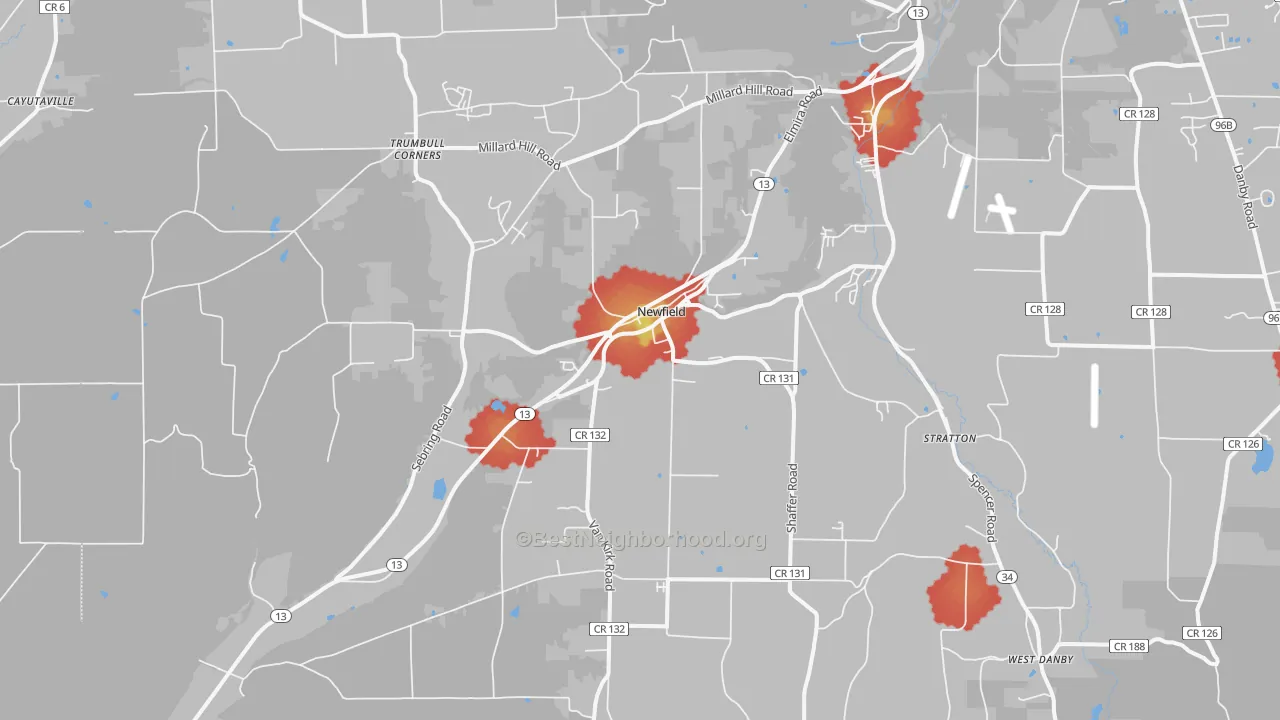 Walk Grade map of 14867, NY, walkable areas in green and car-dependent areas in red